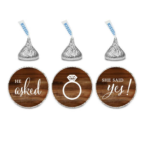 Andaz Press Chocolate Drop Labels Stickers, Wedding He Asked She Said Yes!, Rustic Wood Print, 216-Pack, For Bridal Shower Engagement Hershey's Kisses Party Favors Decor