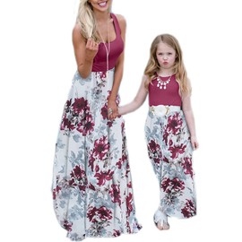 Mommy and Me Dresses Casual Floral Family Outfits Summer Matching Maxi Dress (Wine Red, 4-5T)