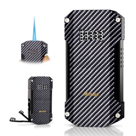 Encendedor de linterna de fibra de carbono con llama de chorro, 2 perforadores integrados, todo en uno a prueba de viento con caja de regalo para festivales, cumpleaños, butano recargable, encendedor único para velas, camping, al aire última intervensión