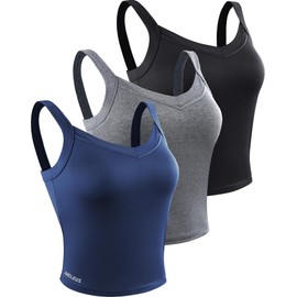 NELEUS Women's 3 Pack Athletic Cropped Tank Top Padded Bra with Removable Cups Workout Compression Shirts,8196,Black/Grey/Navy Blue,XL