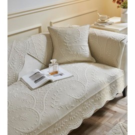 vctops Cotton Quilted Couch Cover Floral Leaves Embroidery Sofa Cover Non Slip Sofa Slipcover for Dogs Cats Kids Loveseat Recliner L Shaped Armrest Backrest (Beige,43"x63")