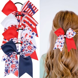 4th of July Cheer Hair Bows American Flag Cheer Bows for Girls Patriotic Cheerleader Hair Bows with Elastic Ponytail Holder Stars and Stripes Hair Tie Band Independence Day Hair Accessories 4pcs