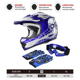 TCT-MOTORPARTS DOT Kids Youth Motocross Helmets ATV Off-Road Dirt Bike Motorcycle Full Face Blue Skull Helmet+Gloves+Goggles Medium
