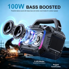 OMUCA Speakers Bluetooth Wireless, 100W Portable Bluetooth Speaker with Bass, IPX7 Waterproof & Floatable, 20H Playtime, RGB Light, Loud Speakers with TWS for Work, Outdoor, Garage(L-Black)