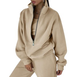 Kissonic Womens Two Piece Outfits Tracksuit Sets Half Zipper Fleece Joggers 2 Piece Long Sleeve Sweatshirts Jogger Pant(Apricot-XL)