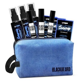 Blackbeard for Men 3x3 Bundle - 3-Pack Hypoallergenic Beard Dye & Mustache Color Brown Auburn, 3-Pack Caffeinated Seaspray, 3 Pack Anti-Aging Seasoap, 1 Shaving Kit Bag, Men's Grooming Set