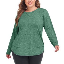COOTRY Plus Size Workout Tops for Women Long Sleeve Shirts Breathable Dry Fit Athletic Gym Yoga Clothes Green 2XL