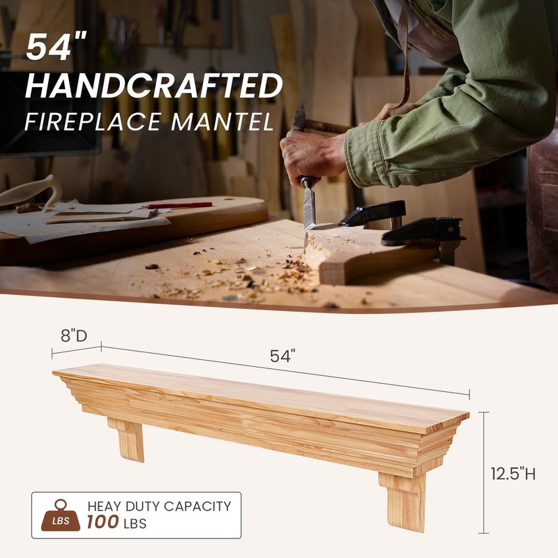 TECANA Wood Fireplace Mantel with Corbels - 54 Inch Rustic