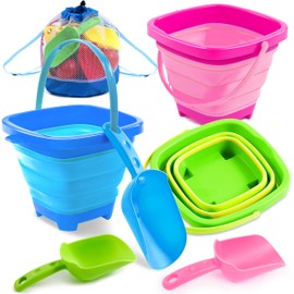Sloosh 3 PCS Foldable Buckets with 3 Shovels Sand Bucket Water Bucket Sandbox Square Party in Summer Foldable Pail Bucket Silicone Collapsible Bucket Kids Beach Toys Travel (Blue/Pink/Green)