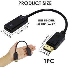 4K DisplayPort to HDMI Adapter – High-Speed DP Male to HDMI Female Converter with Audio Support – 1080P @60Hz HD Video Output for PC, Laptop, GPU, Monitor & More Devices