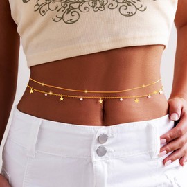 Blindery Gold Layered Waist Chains Boho Star Pendant Belly Chains Summer Waist Belt Beach Body Jewelry for Women and Girls, free size, alloy, No Gemstone