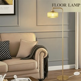 NanFeng Green Floor Lamp for Living Room,Mid Century Modern Standing Lamp Brass with Ribbed Green Globe Glass Lampshade Pedal Switch,Gold Tall Floor Lamps Vintage for Bedroom Study Room Art Deco Retro