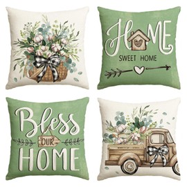 AVOIN colorlife Bless Our Home Farmhouse Eucalyptus Leaves Throw Pillow Covers, 18 x 18 Inch Truck Home Sweet Home Cushion Case Decorations Set of 4