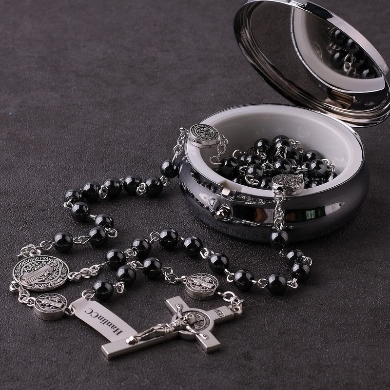 HanlinCC 6mm Hematite Stone Black Beads Catholic Saint Benedict Rosary