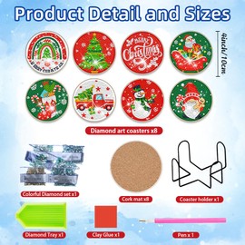 8Pcs Diamond Art Painting Coasters with Holder,DIY Coaster Diamond Art Kits for Adults Beginners, Round Full Drill Diamond Art Craft Supplies QLBD-02