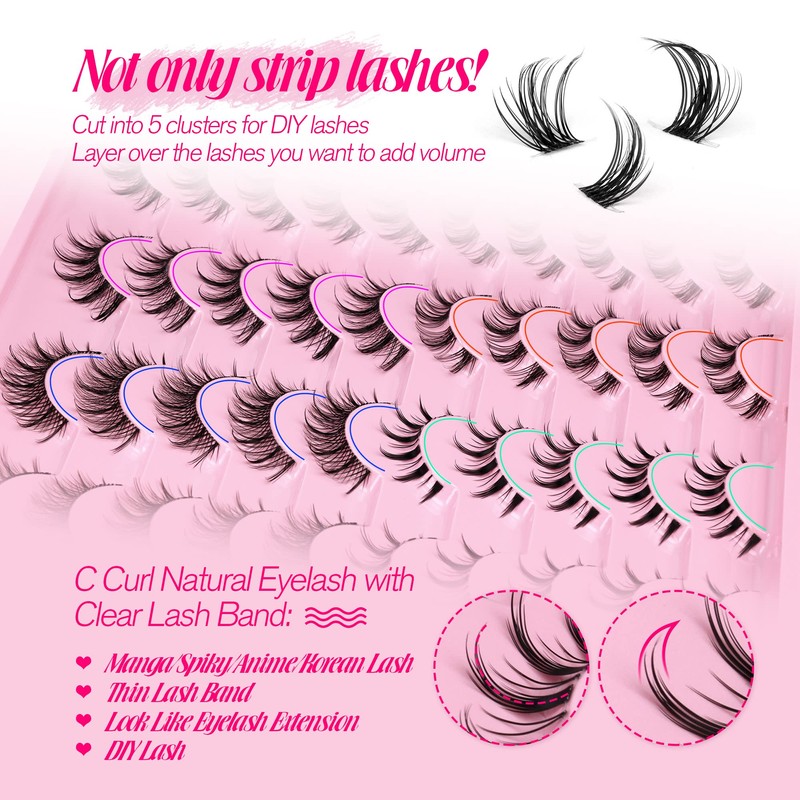 Manga Lashes Natural Look Anime False Eyelashes 20 Pairs Clear