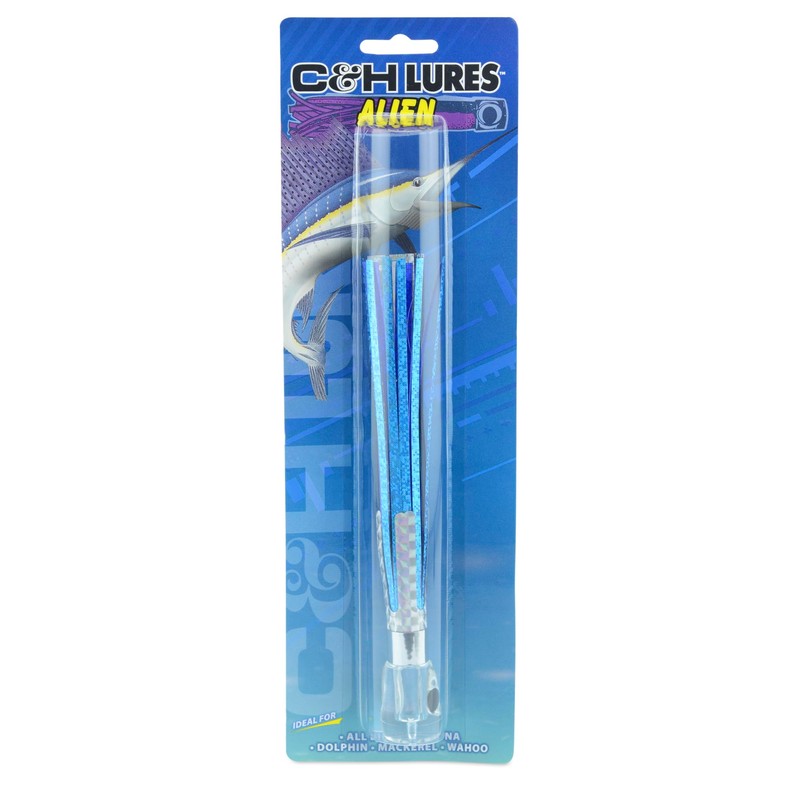 C&H Lures Alien Lure, Blue/Blue/Silver Mylar Skirt, Concave Head, Hologram