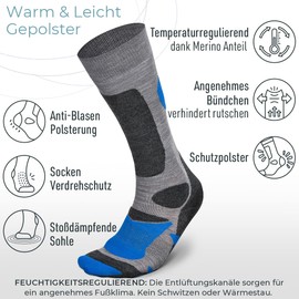 Piarini 2 pairs of unisex ski socks for men, women and children for winter sports snowboard breathable socks knee socks thermal socks function socks outdoor socks made from Merino wool. - Grey with blue