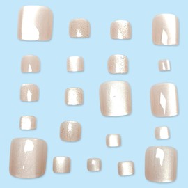 Cat Eye Press on Toenails Short Square Fake Toenails with Gold Glitter Design Glossy Skin Tones False Toenails Summer Glue on Toenails Reusable Beach Stick on Toenails for Women Girls Manicure 24Pcs