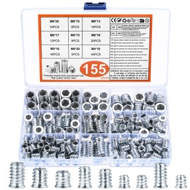 Einschraubmutter Holz, 155 Stück Gewindeeinsatz Muttern, M4 M5 M6 M8 Hex Innensechskantmuttern, Einschraubmuffen, Eindrehmuffe Sortiment Set für Holz Möbel,Weißes Zink