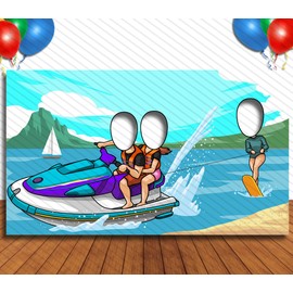 Jet Ski and Wakeboarding, Summer Party Theme, 42x72" Photo Standee, Hole in Face Cutout, Fun Party Selfie Backdrop Props