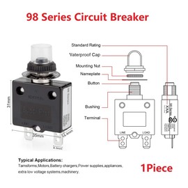 MiJunHD 50A Manual Reset Circuit Breaker,98 Series 125/250VAC Quick Connect Terminal Over Current Overload Protector Push Button Reset Switch with Waterproof Button Cover (1Piece)