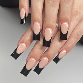 Medium Press on Nails Square Fake Nails Full Cover Black French Tip False Nails with Design Stick on Nails Artificial Acrylic Nails Glossy Nude Glue on Nails for Women Girls Manicure 24pcs…