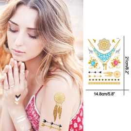 Metallic Gold Henna Temporary Tattoos 80+ Mandala Tattoos Flowers, Mandalas, Elephants, Waterproof, Non-Toxic, Durable for Beach, Festivals, & Parties