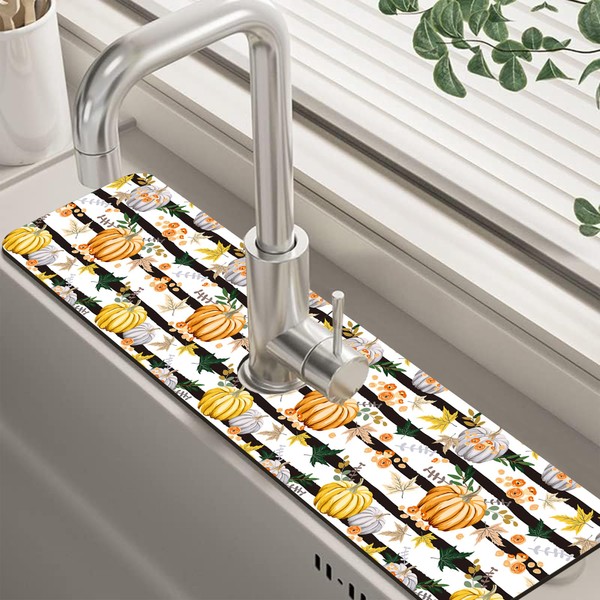 Thanksgiving Sink Faucet Absorbing Mat Autumn Pumpkin Floral Absorbent Fast