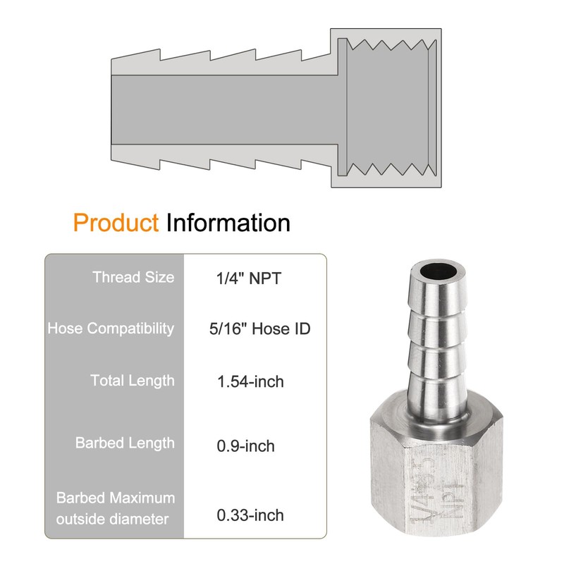 sourcing map 2pcs Stainless Steel Barbed Fitting 1/4" NPT Female