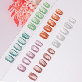 6 Packs (144 Pcs) Cat Eye Press on Nails Short Square Fake Nails Glossy Gradient Acrylic False Nails with Shiny Glitter Designs Squoval Reusable Artificial Nails for Women Girls Manicure Decoration