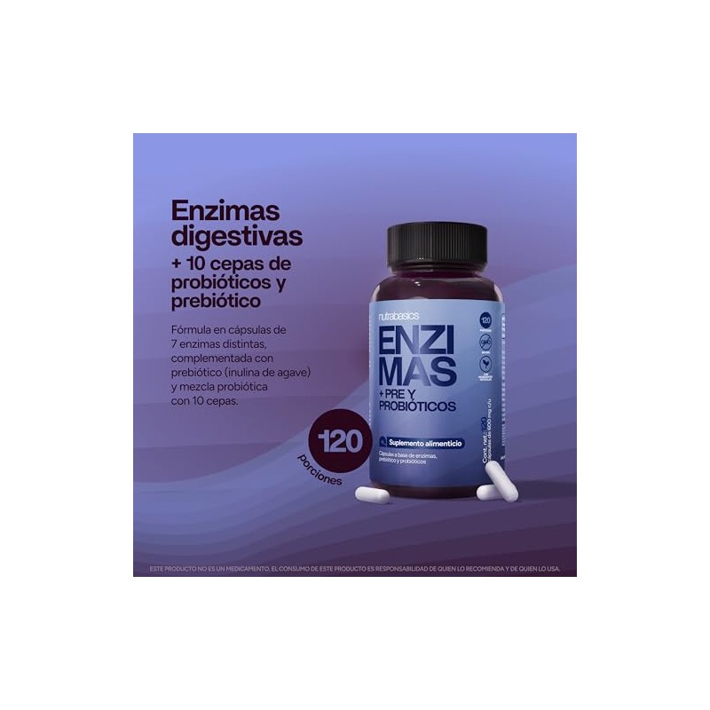 Enzimas Digestivas y Probióticos 3 en 1, 120 Cápsulas Nutrabasics