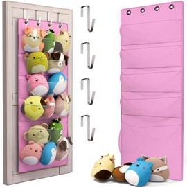 Stuffed Holder - Over the Door Space Saving Storage Solution with 5 Large Pockets - Quick 1-Minute Installation - Organize and Display Stuffie- Durable and Easy Access for Kids (Pink)