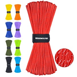 WEREWOLVES Reflective Paracord Rope 100FT, 7 Strand Type III Parachute Cord 4mm Thin Tent Rope for Outdoor Camping Hiking (Red, 100FT)