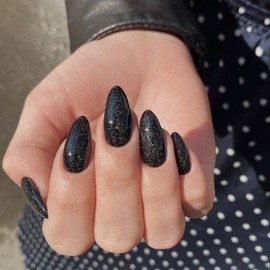 Modelones 32Pcs Sparkle Black Press on Nails Almond, Glitter Short Almond Fake Nails, Reusable Nail Kit with Nail Glue Adhesive Tabs Mini Nail File, Nails Press Ons 16 Sizes | modelones