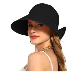 Sun Visor Hat for Women Wide Brim Ponytail Hole UV Protection Summer Cap Packable UPF 50+ Travel Outdoor(Black)