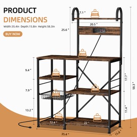 Shintenchi Kitchen Bakers Rack with Power Outlet, Multifunctional Organizer & Storage with 6 Hooks, Microwave Oven Stand, and Coffee Station Shelf, Vintage Brown
