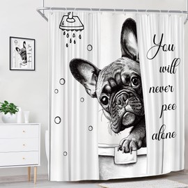 Riyidecor Funny Cute Dog Shower Curtain for Bathroom Decor 60Wx72H Animal Puppy Bulldog Fun Quotes Kids Pets Grey Gray Interesting Art Printed Fabric Polyester Waterproof 12 Pack Plastic Hooks
