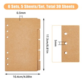 SUPERFINDINGS 30 Sheets 5 Index Dividers A6 Kraft Paper 6 Hole Binder Dividers 17.3 x 10.4 cm A6 Notebook Index Dividers with Tabs Burlywood 6 Hole Ring Index Page