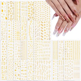 30 Sheets Gold Nail Art Stickers Star Letter Line 3D Self Adhesive Nail Decals Snowflake Moon Stars Nail Design Stickers for Women DIY Manicure Nail Decorations
