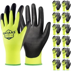 OKIAAS Work Gloves for Men，Ultra Thin and Lightweight Working Gloves with Grip, 12 Pairs Bulk Pack Construction Gloves with Polyurethane Coating, Safety Gloves for Light Duty Work (Green, Medium)