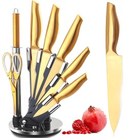Gold Knife Set with Acrylic Block, 8Pcs Gold Steak Knives set with Holder, Stainless Steel Non Stick Non Rust Chef Kitchen Knife Set (W/Slicing Knife)