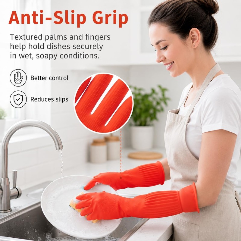 ThxToms Rubber Dishwashing Cleaning Gloves (2-Pair) - Fleece Lined, Reusable,