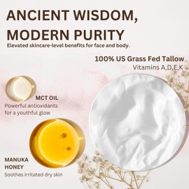 Whipped Organic Grass-Fed Beef Tallow for Skin - 100% Pure, Non-Greasy, Natural Beef Tallow Moisturizer for Face and Body. Honey Beef Tallow Balm – Soothes Sensitive Skin, Absorbs Quickly