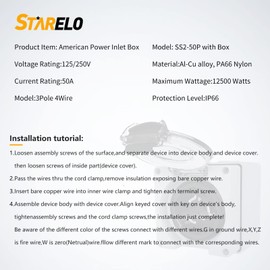 STARELO 50 Amp Generator Power Inlet Box NEMA SS2-50P,125/250 Volt 12500W, Outdoor dustproof and Weatherproof for generators, Welding Machines, etc.ETL Listed.(NEMA SS2-50P Box)
