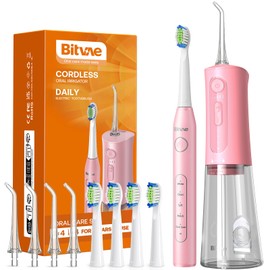 Bitvae Water Dental Flosser Teeth Picks - Cordless Portable Oral Irrigator, 5 Modes Sonic Electric Toothbrush with 3 Modes & 5 intensities Water Teeth Cleaner Combo, Quartz Pink
