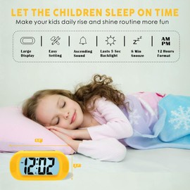 Plumeet Easy to Adjust, Large Digital LCD Travel Alarm Clock, with Snooze Mode and Night Light, Rising Sound Alarm & Handheld Size, Children (Yellow)