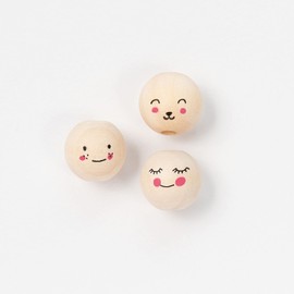folia 22981 Wooden Beads Cute Faces, 15 Round Wooden Balls with Funny Faces Printed, Assorted in 3 Designs, Natural, Diameter 15 mm, for Threading Chains or for Making Figures
