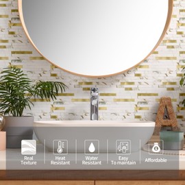 10 - Sheet Peel and Stick Backsplash Wall Tile, PVC Kitchen Backsplash, Stick on Tiles for Backsplash Kitchen (12'' X 12'', White with Gold)