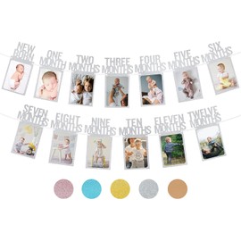 1st Birthday Photo Banner for Baby from Newborn to 12 Months, First Birthday Decorations Boy or Girl Monthly Milestones Garland | First Birthday Photo Banner Pre-Strung with Frame (Silver1)